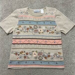 Alfred Dunner Floral Embroidered Tee - Cream, Pink, Blue